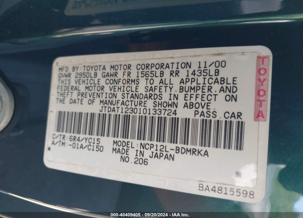 2001 TOYOTA ECHO VIN: JTDAT123010133724