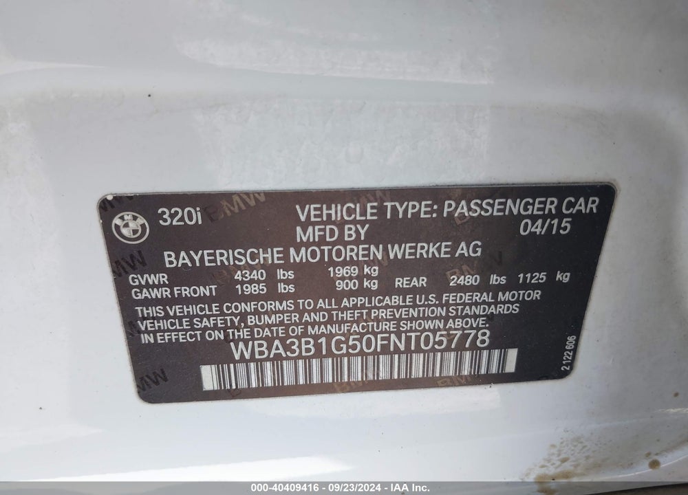 2015 BMW 320I VIN: WBA3B1G50FNT05778