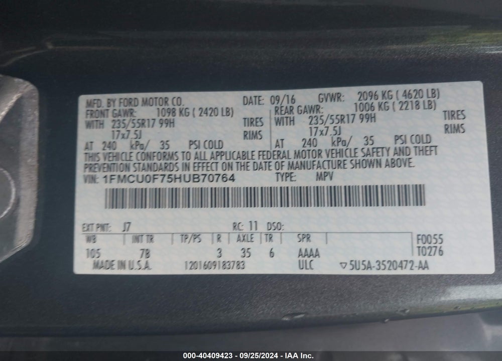 2017 FORD ESCAPE S VIN: 1FMCU0F75HUB70764
