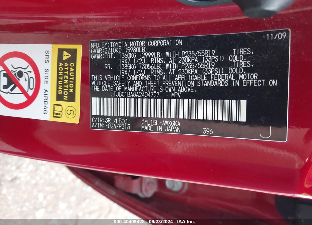 2010 LEXUS RX 450H VIN: JTJBC1BA8A2404727