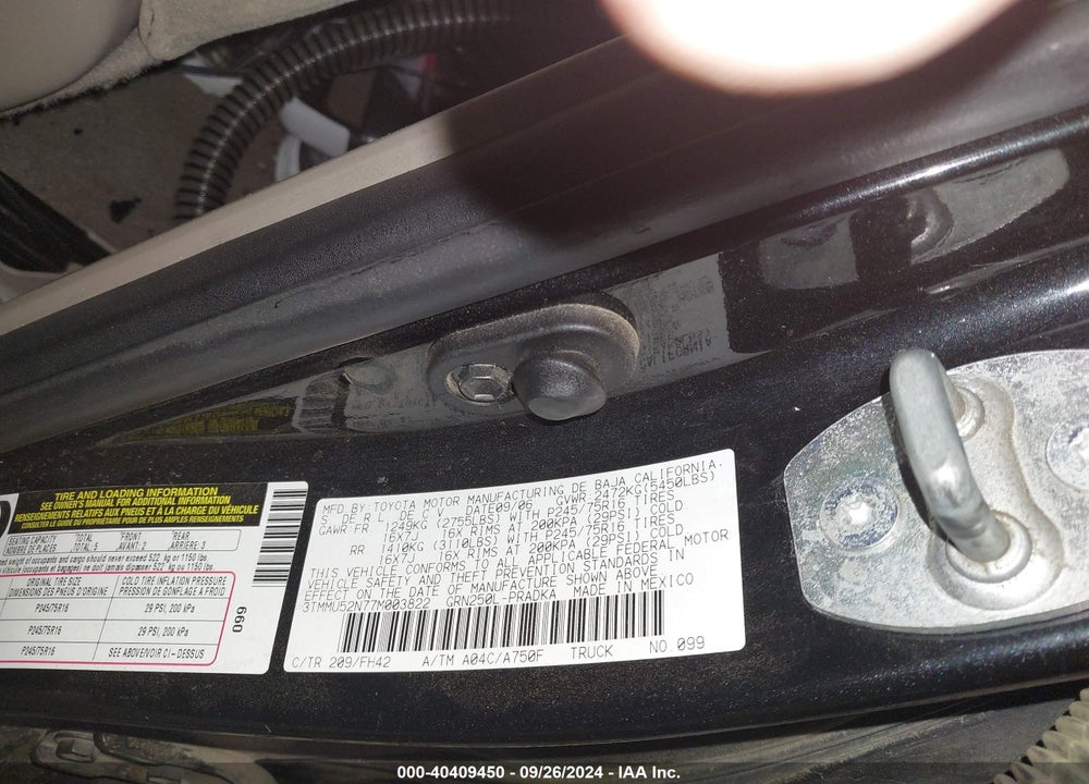 2007 TOYOTA TACOMA BASE V6 VIN: 3TMMU52N77M003822