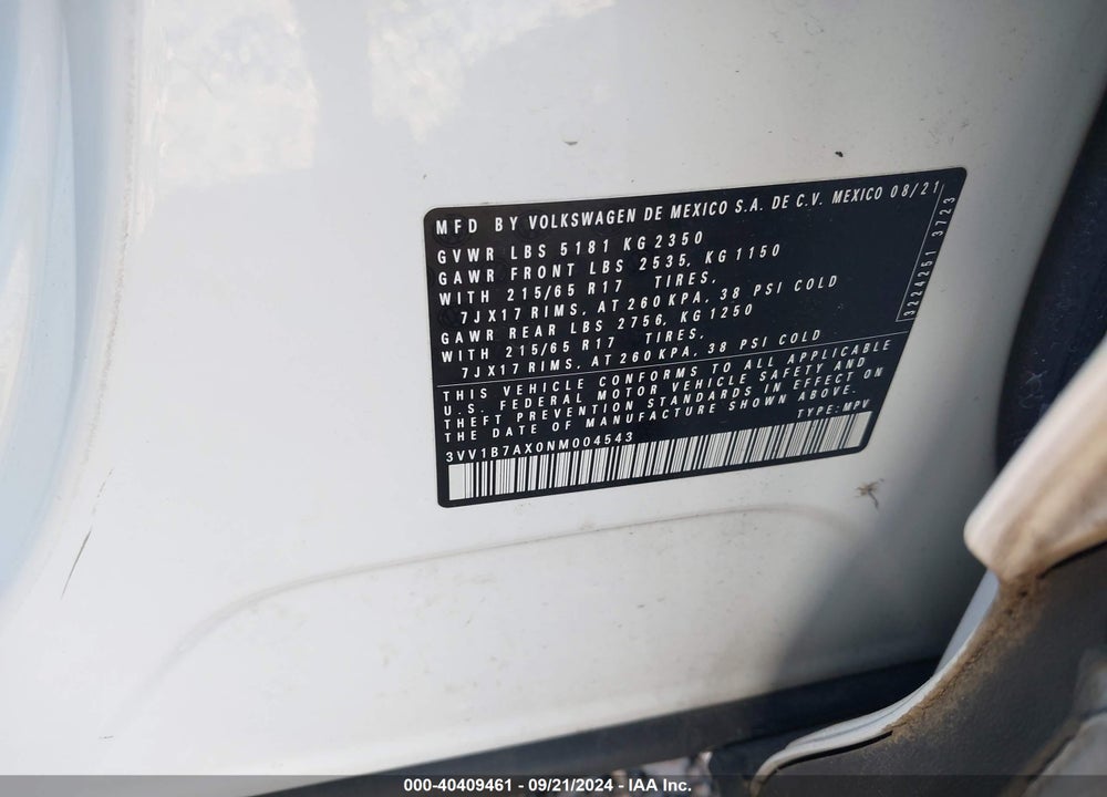 2022 VOLKSWAGEN TIGUAN VIN: 3VV1B7AX0NM004543