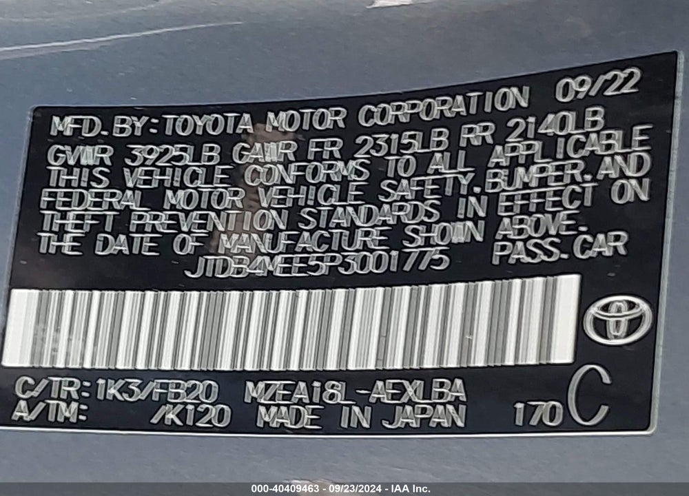 2023 TOYOTA COROLLA LE VIN: JTDB4MEE5P3001775