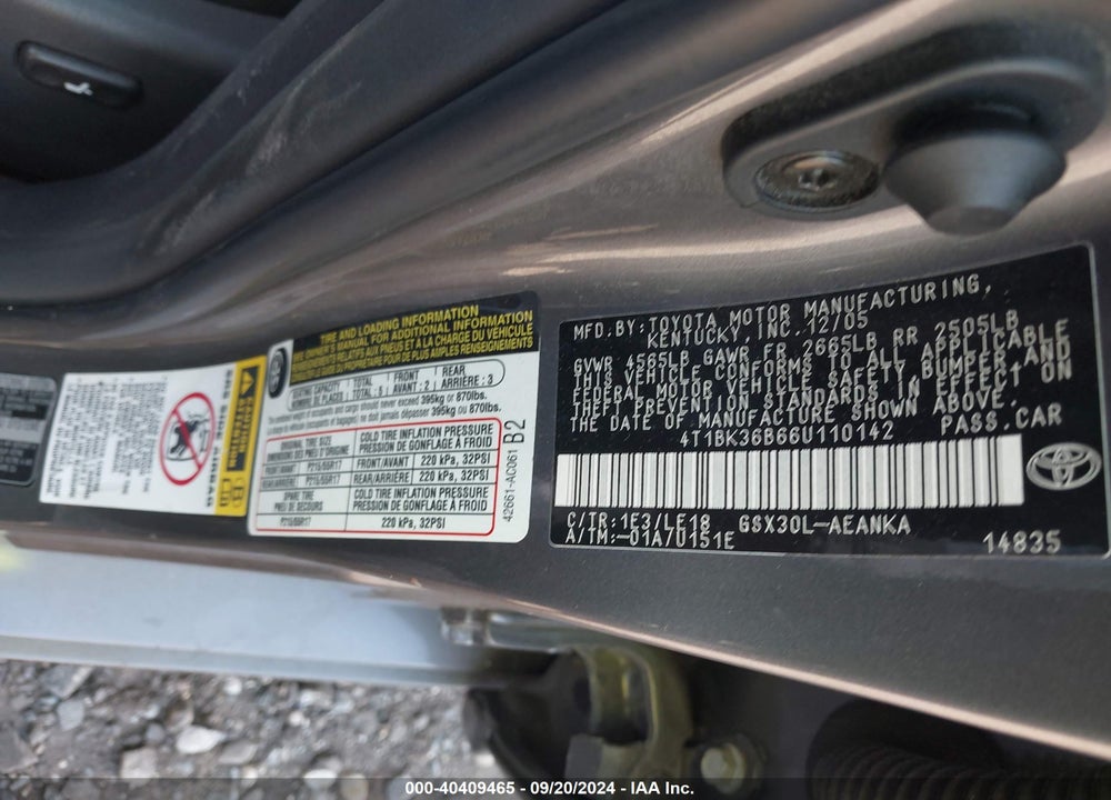 2006 TOYOTA AVALON TOURING VIN: 4T1BK36B66U110142