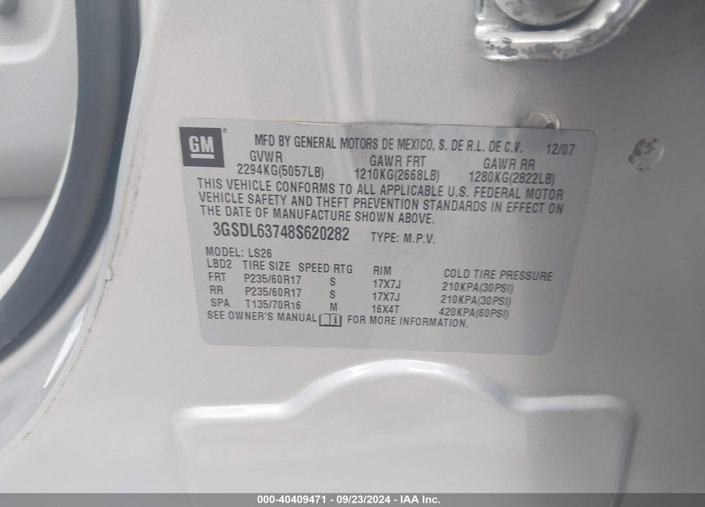 2008 SATURN VUE V6 XR VIN: 3GSDL63748S620282