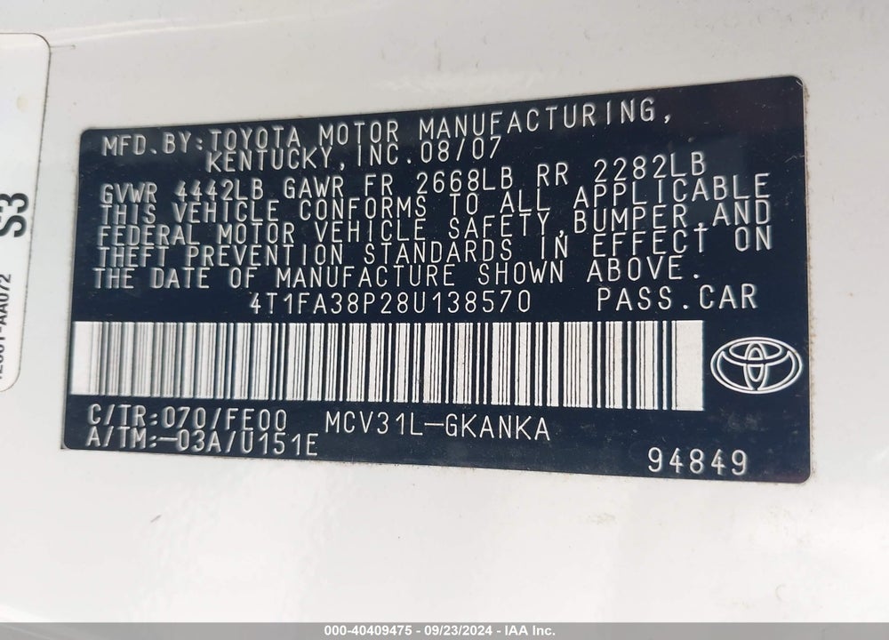 2008 TOYOTA CAMRY SOLARA SE VIN: 4T1FA38P28U138570