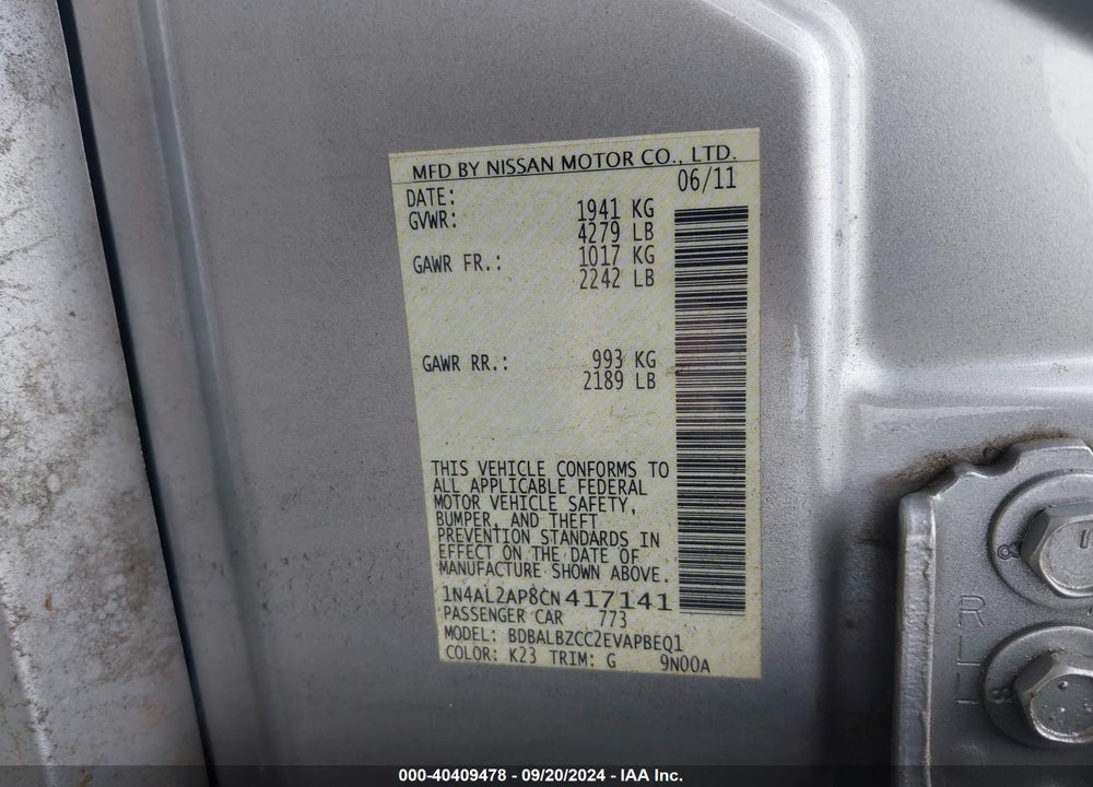 2012 NISSAN ALTIMA VIN: 1N4AL2AP8CN417141