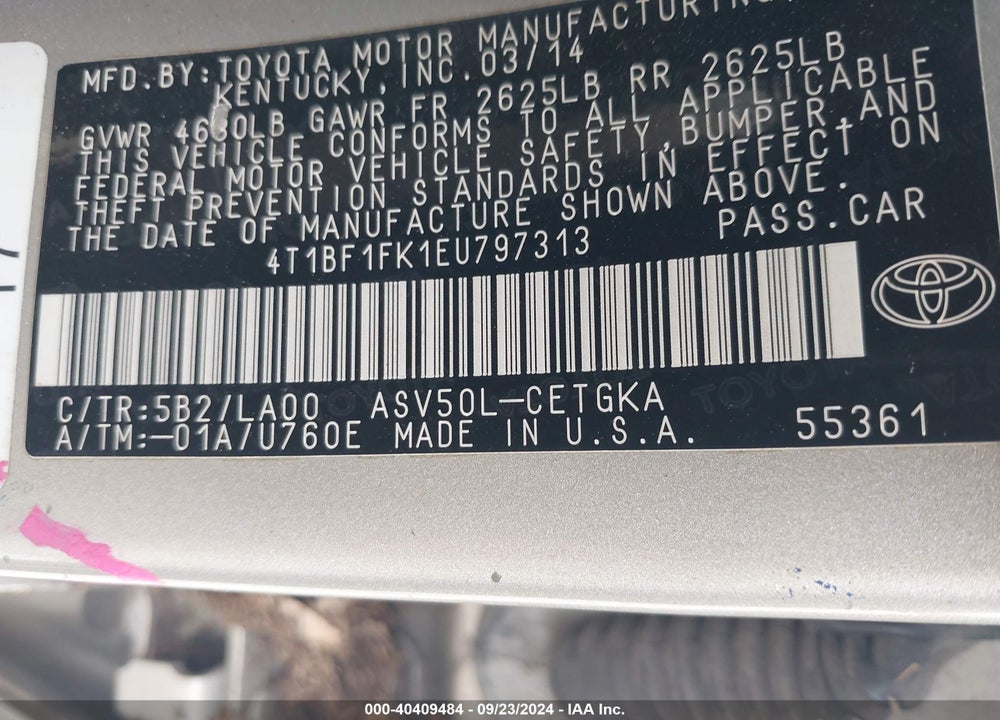 2014 TOYOTA CAMRY XLE VIN: 4T1BF1FK1EU797313
