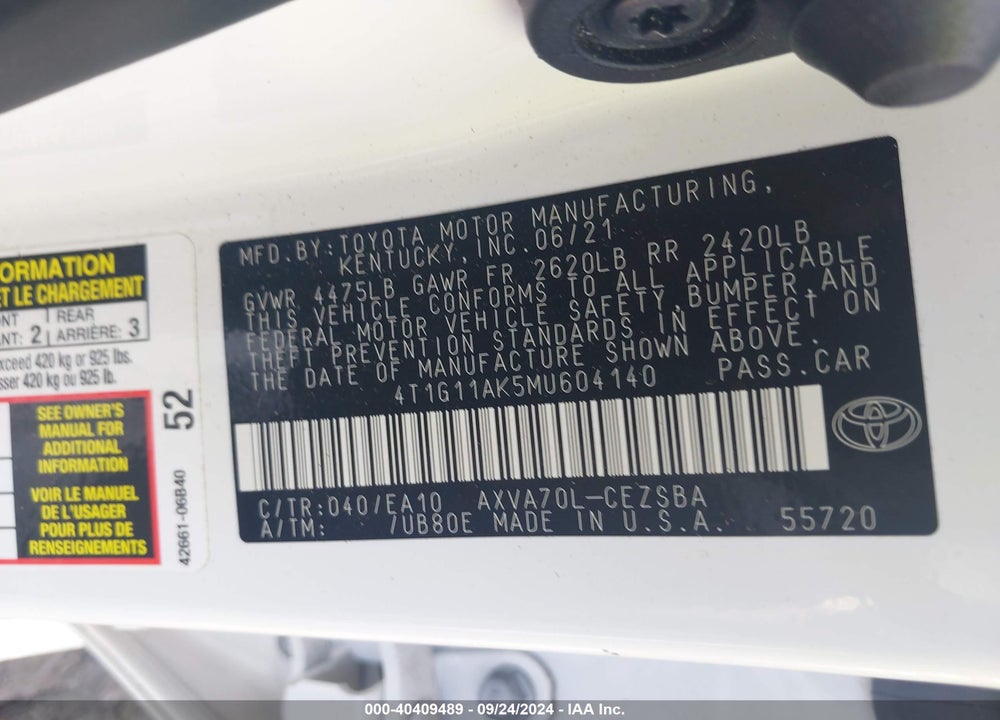 2021 TOYOTA CAMRY SE VIN: 4T1G11AK5MU604140