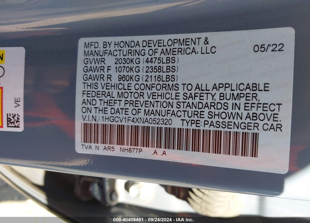 2022 HONDA ACCORD SPORT SPECIAL EDITION VIN: 1HGCV1F4XNA052320