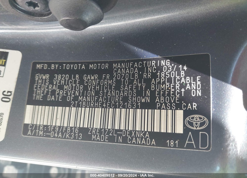 2014 TOYOTA COROLLA LE VIN: 2T1BURHE4EC121631