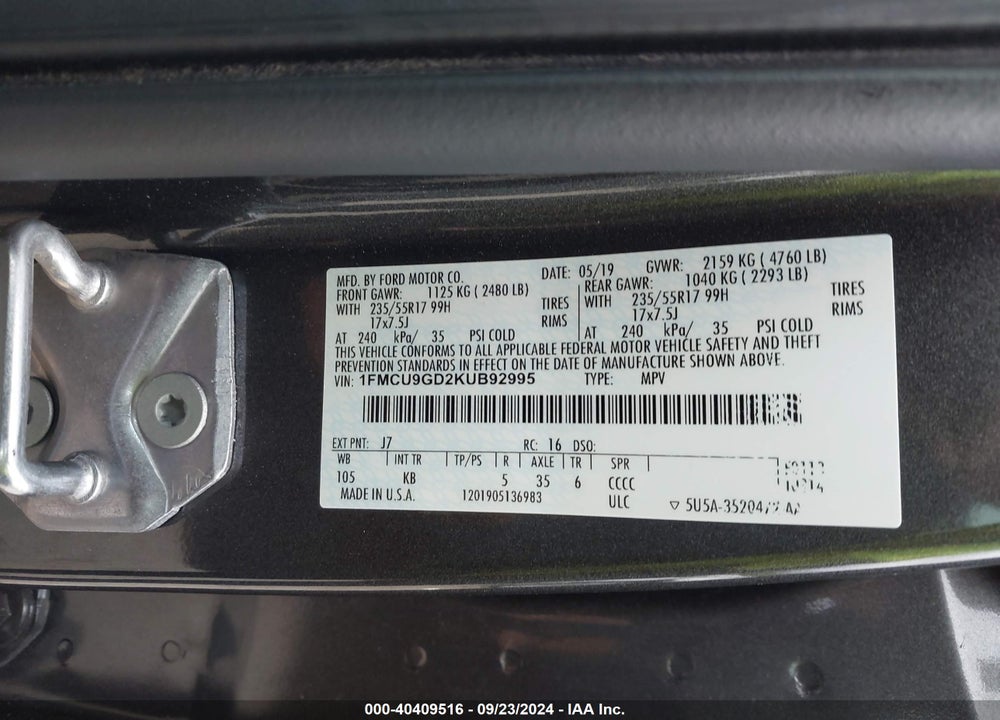2019 FORD ESCAPE SE VIN: 1FMCU9GD2KUB92995