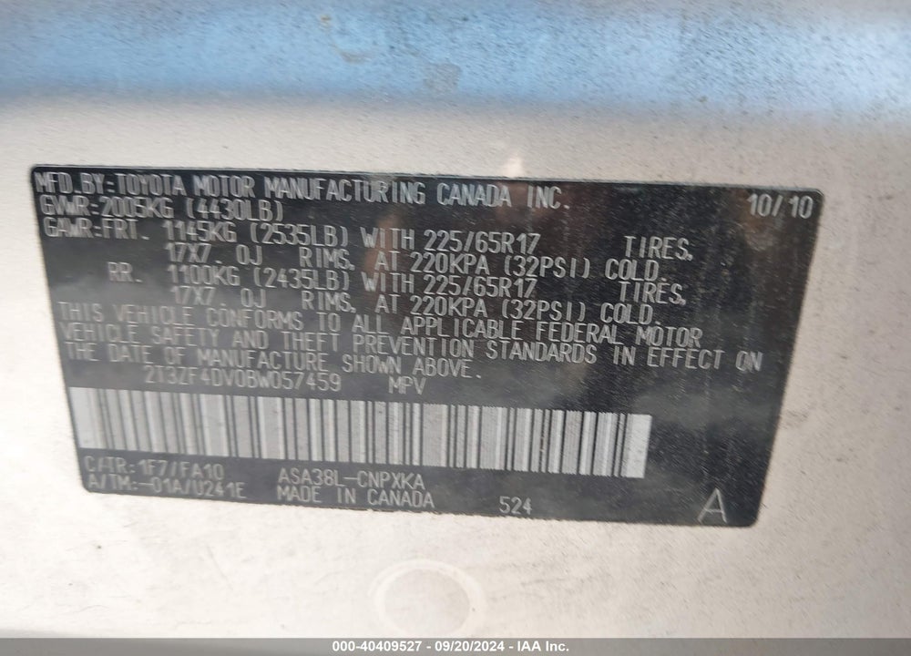 2011 TOYOTA RAV4 BASE (A4) VIN: 2T3ZF4DV0BW057459