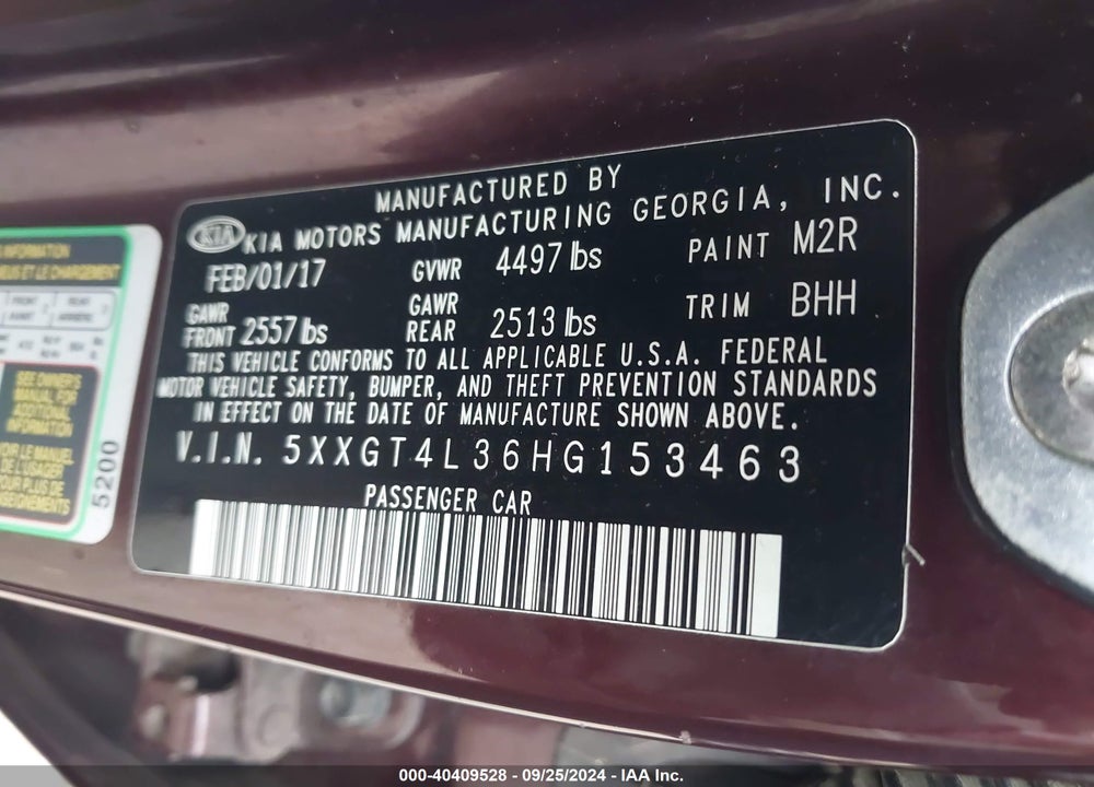 2017 KIA OPTIMA LX VIN: 5XXGT4L36HG153463