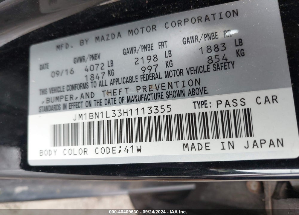 2017 MAZDA 3 TOURING 2.5 VIN: JM1BN1L33H1113355