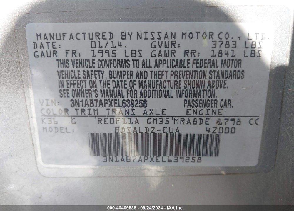2014 NISSAN SENTRA FE+ S/FE+ SV/S/SL/SR/SV VIN: 3N1AB7APXEL639258