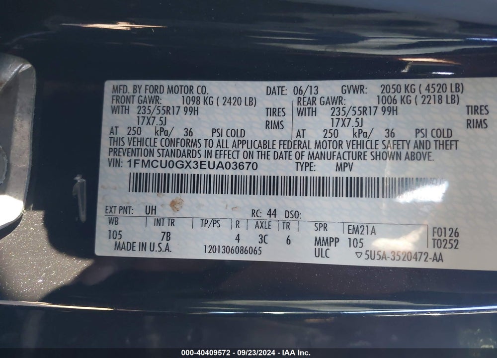 2014 FORD ESCAPE SE VIN: 1FMCU0GX3EUA03670