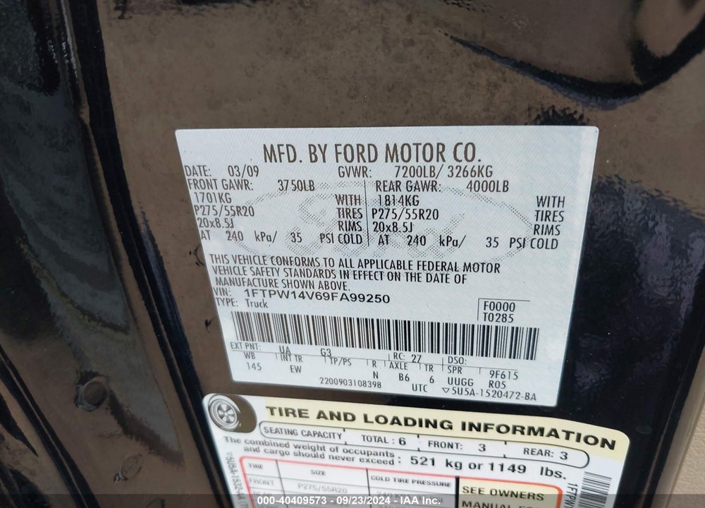 2009 FORD F-150 FX4/KING RANCH/LARIAT/PLATINUM/XL/XLT VIN: 1FTPW14V69FA99250