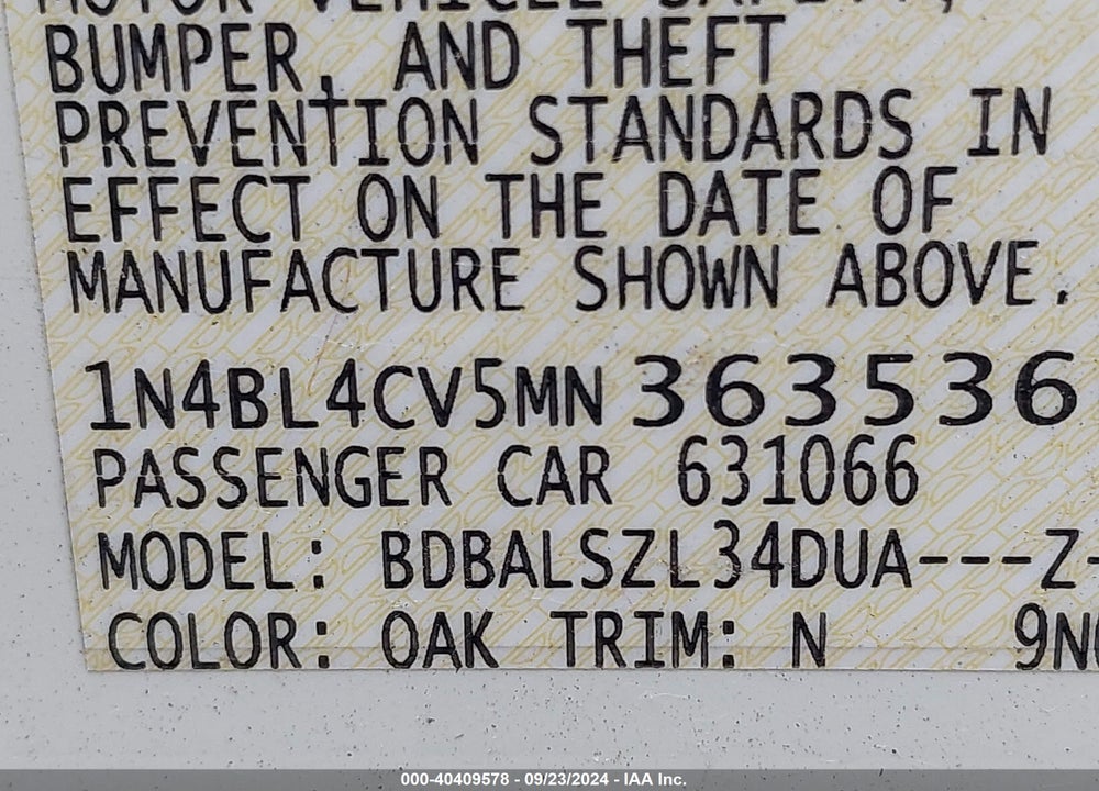 2021 NISSAN ALTIMA SR FWD VIN: 1N4BL4CV5MN363536