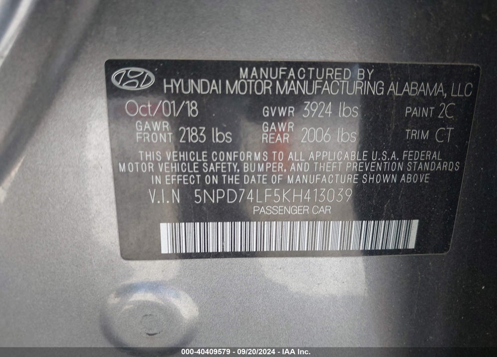 2019 HYUNDAI ELANTRA SE VIN: 5NPD74LF5KH413039
