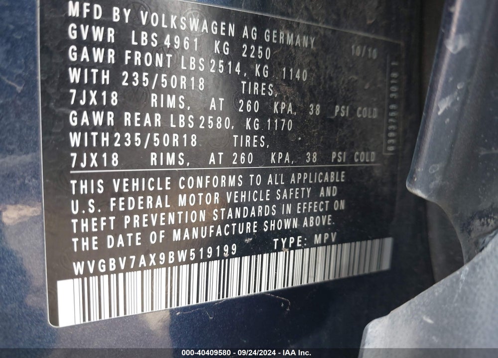 2011 VOLKSWAGEN TIGUAN SE VIN: WVGBV7AX9BW519199