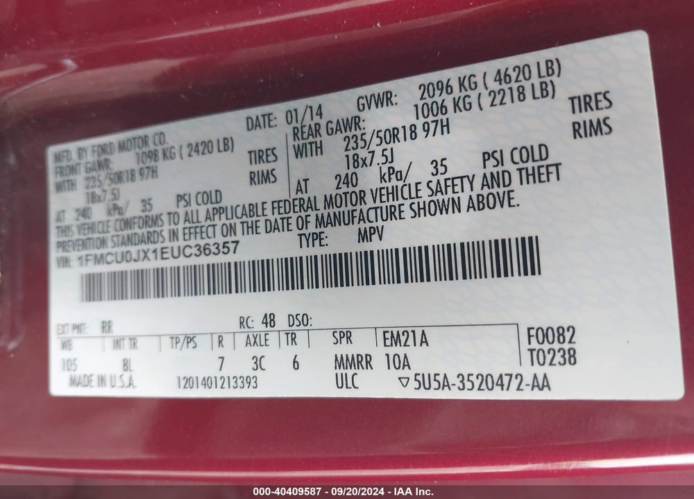 2014 FORD ESCAPE TITANIUM VIN: 1FMCU0JX1EUC36357
