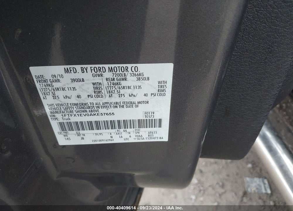 2010 FORD F-150 FX4/LARIAT/XL/XLT VIN: 1FTFX1EV0AKE57655