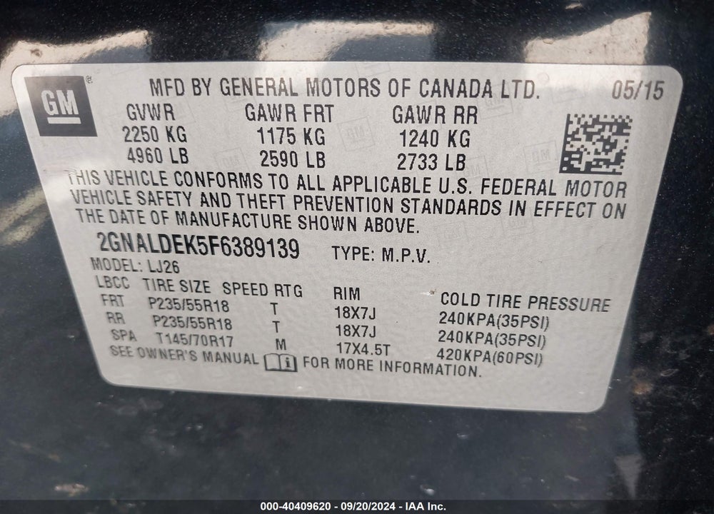 2015 CHEVROLET EQUINOX LTZ VIN: 2GNALDEK5F6389139