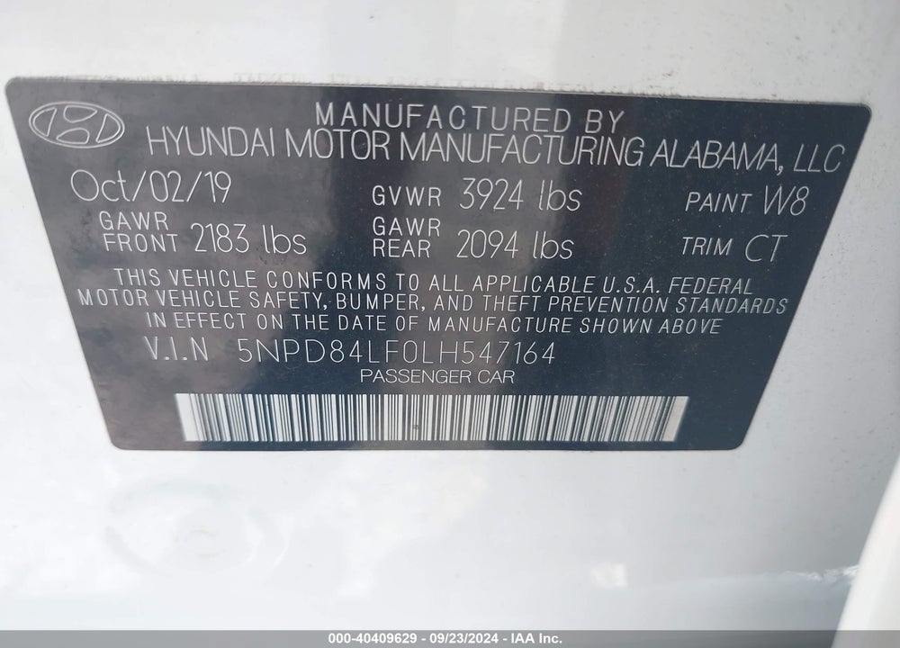 2020 HYUNDAI ELANTRA SEL VIN: 5NPD84LF0LH547164