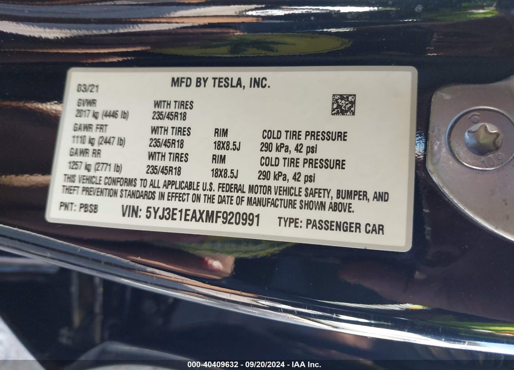 2021 TESLA MODEL 3 STANDARD RANGE PLUS REAR-WHEEL DRIVE VIN: 5YJ3E1EAXMF920991