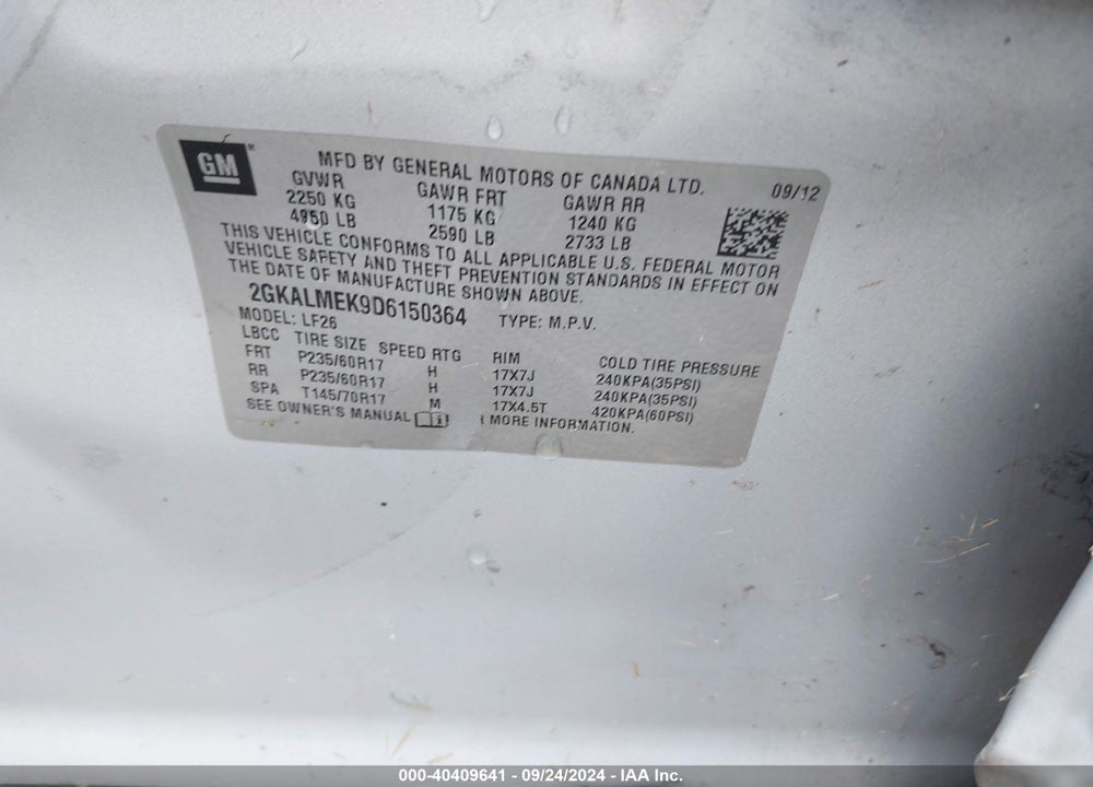 2013 GMC TERRAIN SLE-1 VIN: 2GKALMEK9D6150364
