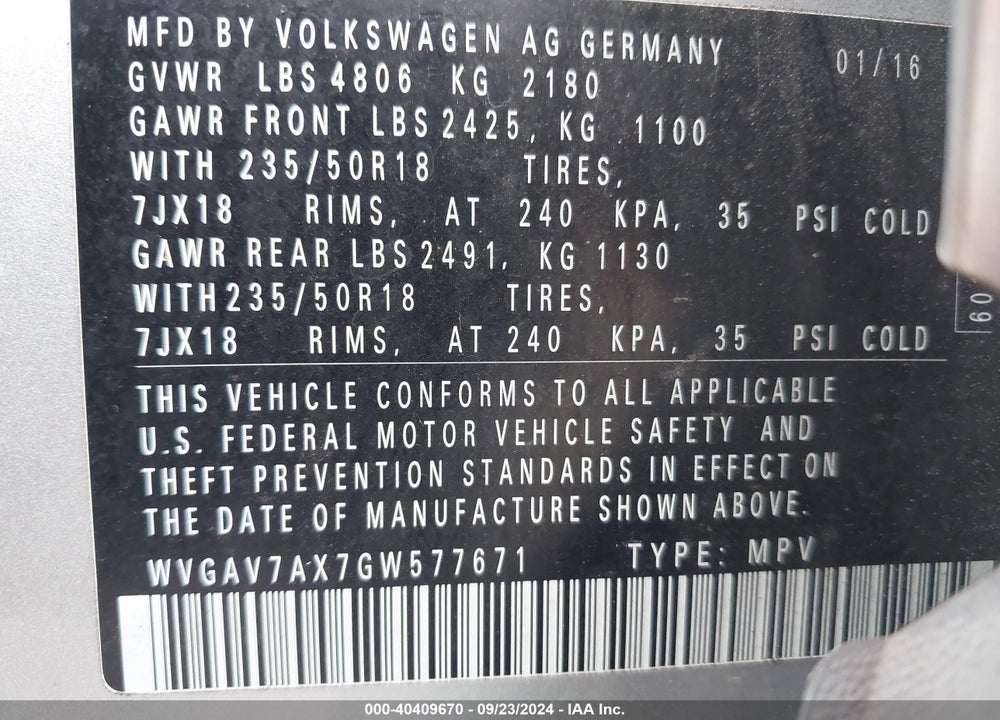 2016 VOLKSWAGEN TIGUAN SE VIN: WVGAV7AX7GW577671