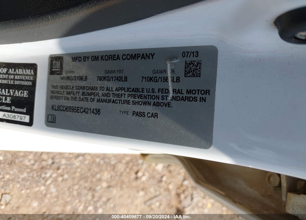 2014 CHEVROLET SPARK 1LT AUTO VIN: KL8CD6S95EC421436