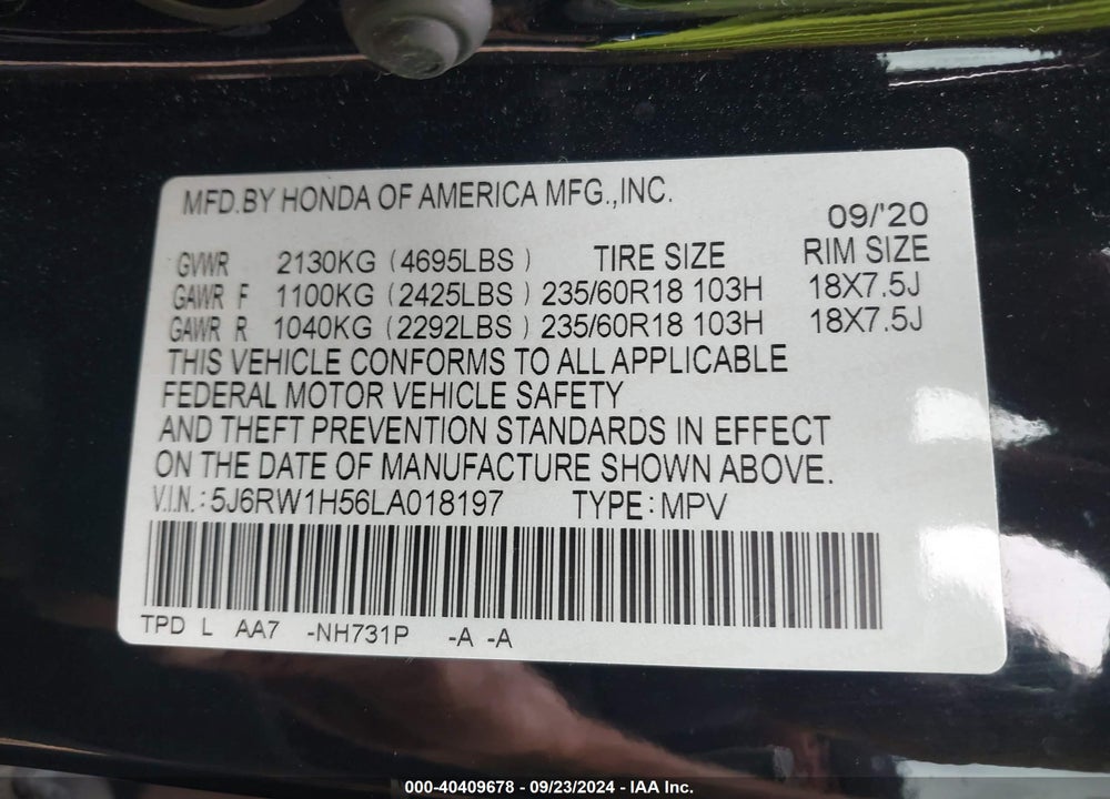 2020 HONDA CR-V 2WD EX VIN: 5J6RW1H56LA018197