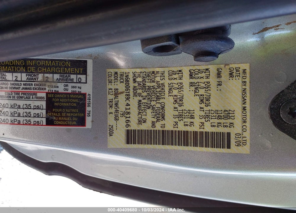 2009 NISSAN FRONTIER SE-I4 VIN: 1N6BD06T89C418166