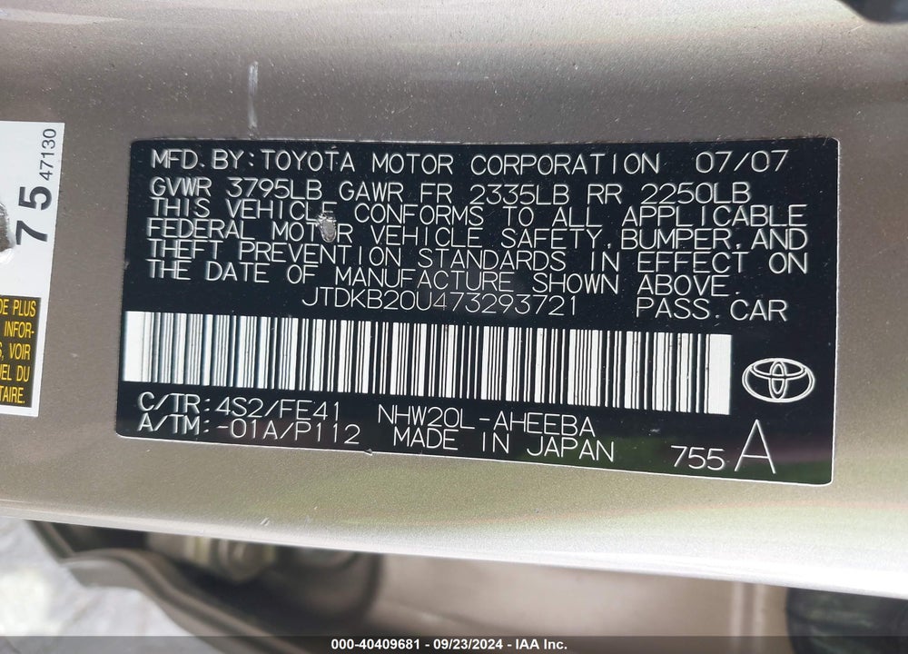 2007 TOYOTA PRIUS VIN: JTDKB20U473293721