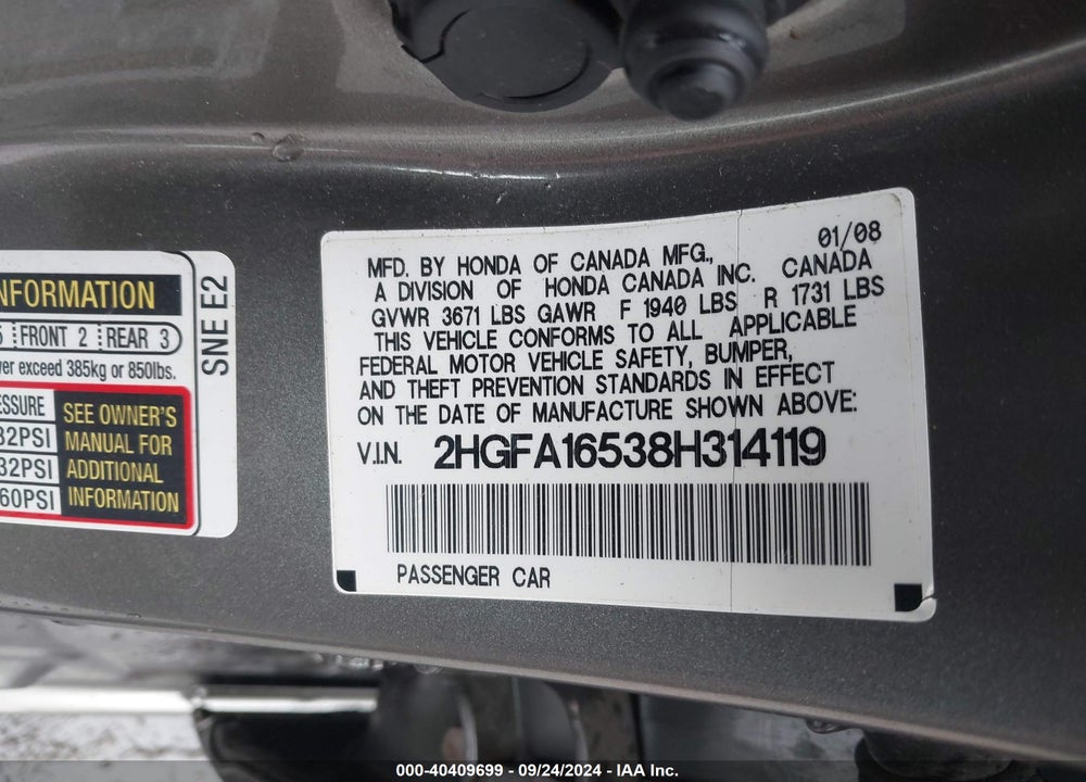 2008 HONDA CIVIC LX VIN: 2HGFA16538H314119
