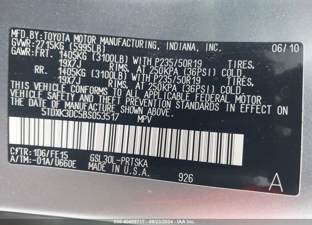2011 TOYOTA SIENNA SE VIN: 5TDXK3DC5BS053517