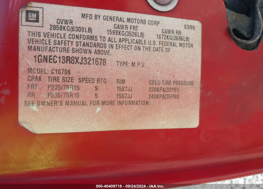 1999 CHEVROLET TAHOE LT VIN: 1GNEC13R8XJ321678