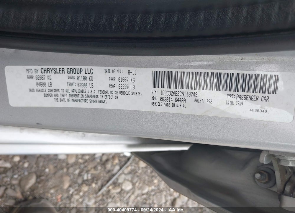 2012 DODGE AVENGER SE VIN: 1C3CDZAB2CN119749