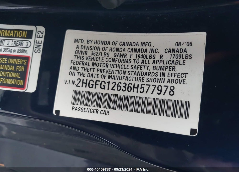 2006 HONDA CIVIC LX VIN: 2HGFG12636H577978