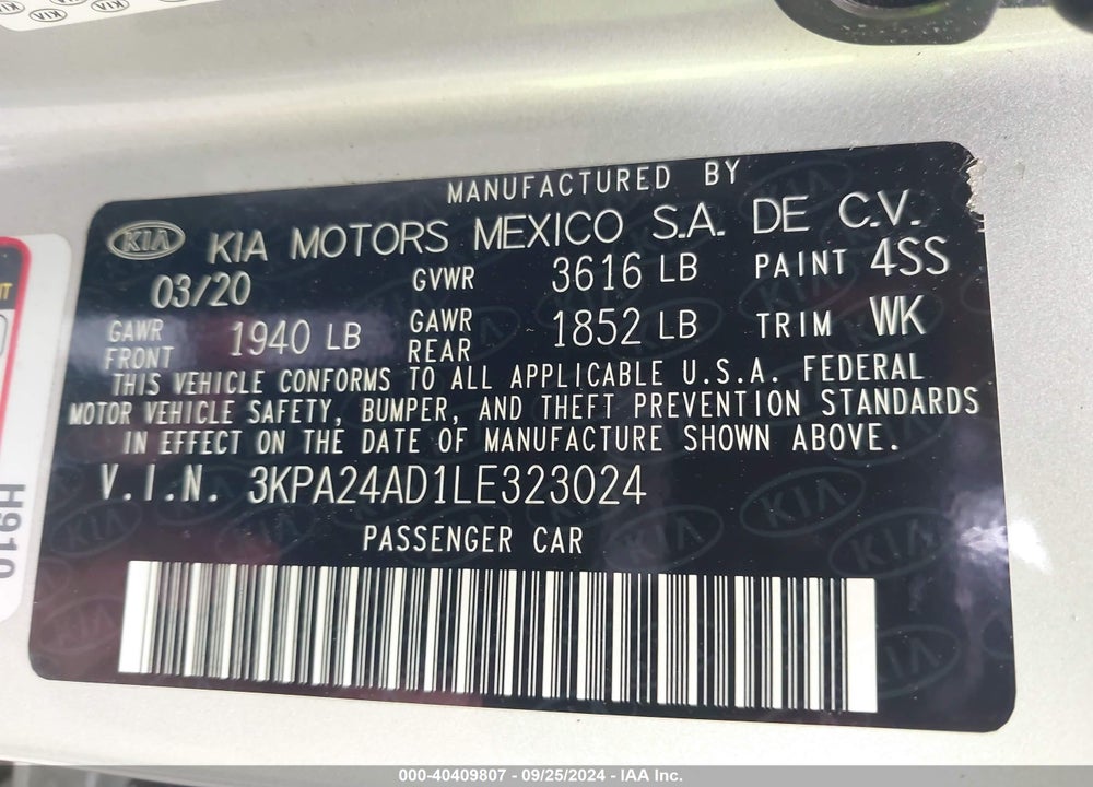 2020 KIA RIO LX VIN: 3KPA24AD1LE323024