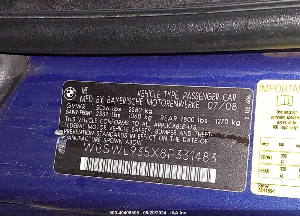 2008 BMW M3 VIN: WBSWL935X8P331483