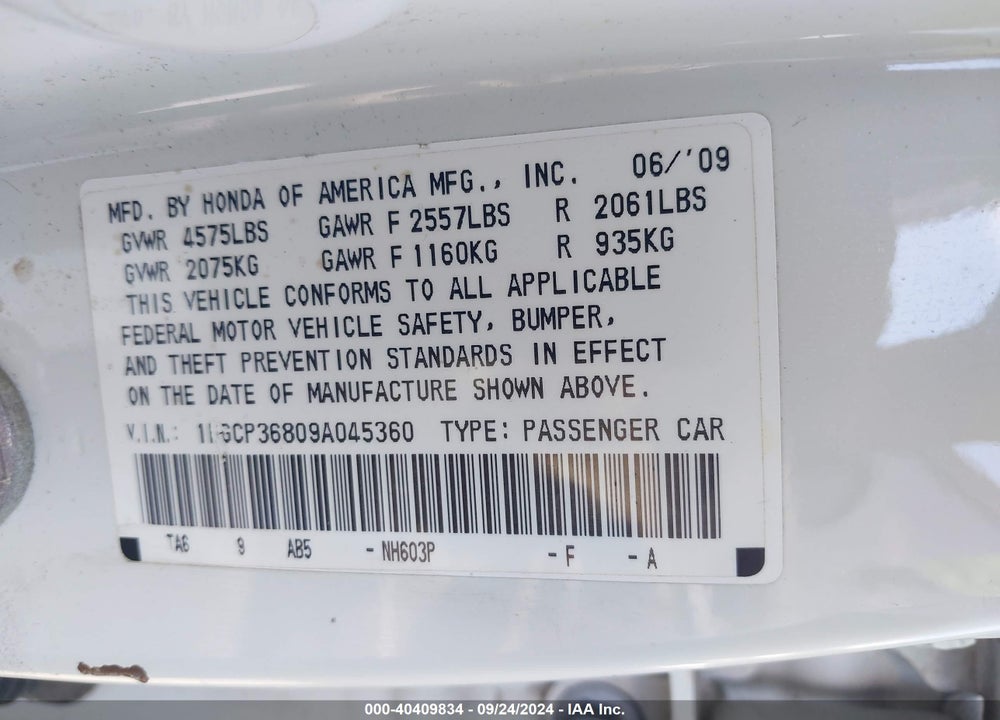 2009 HONDA ACCORD 3.5 EX-L VIN: 1HGCP36809A045360