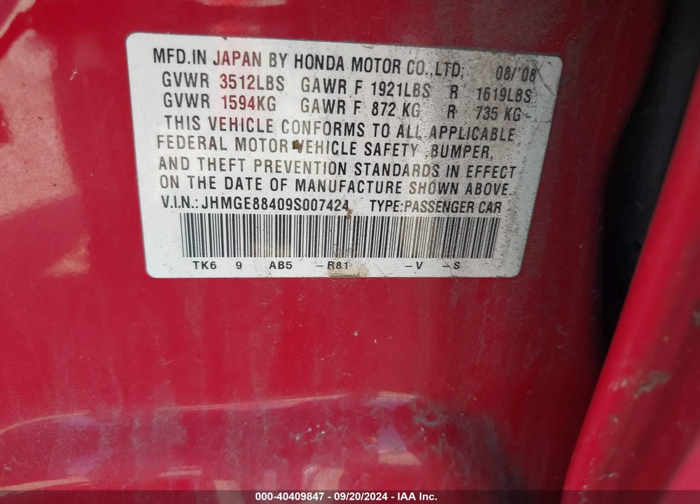 2009 HONDA FIT SPORT VIN: JHMGE88409S007424