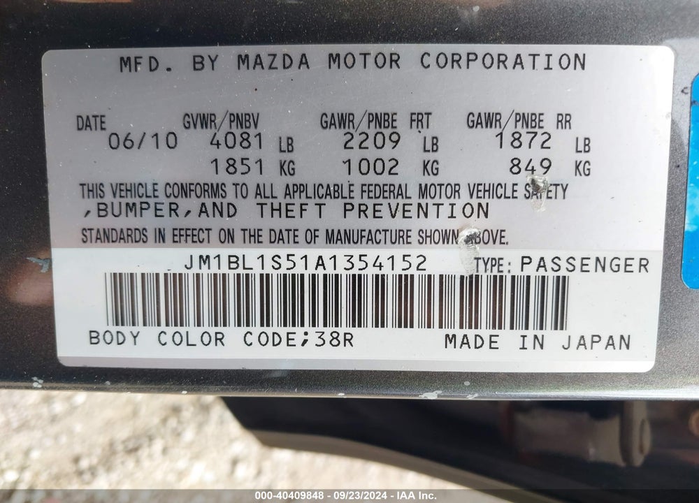 2010 MAZDA 3 VIN: JM1BL1S51A1354152