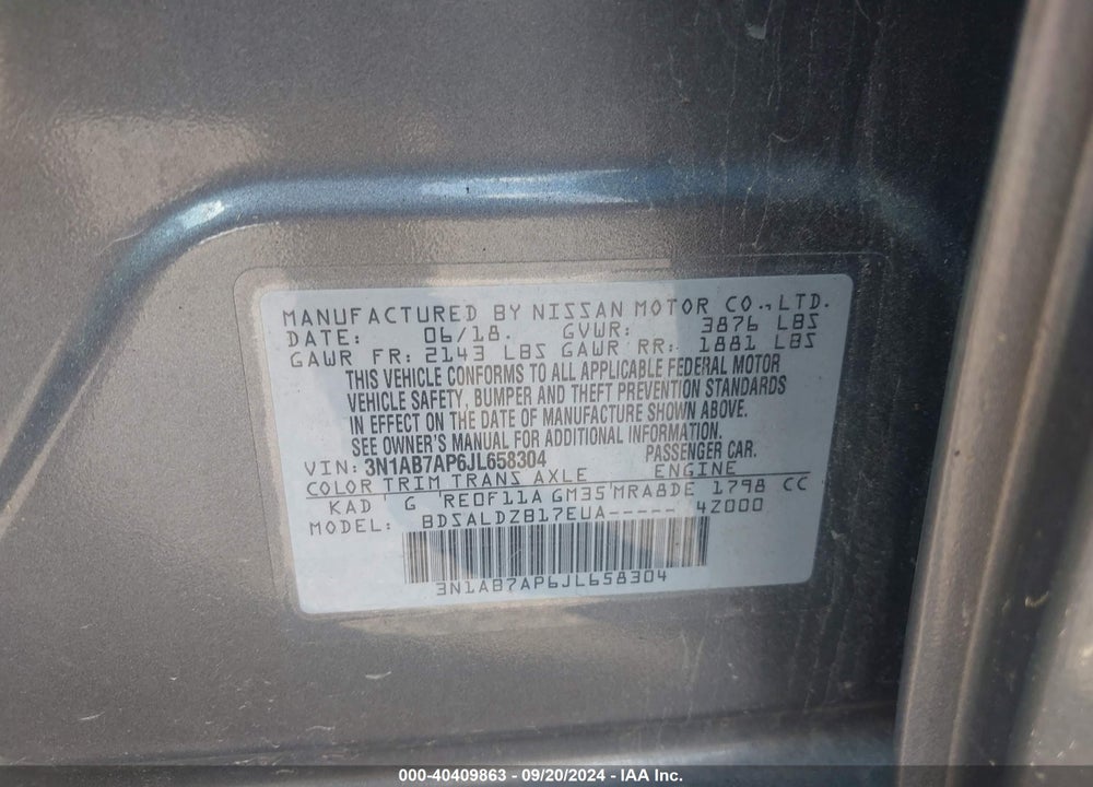 2018 NISSAN SENTRA SV VIN: 3N1AB7AP6JL658304