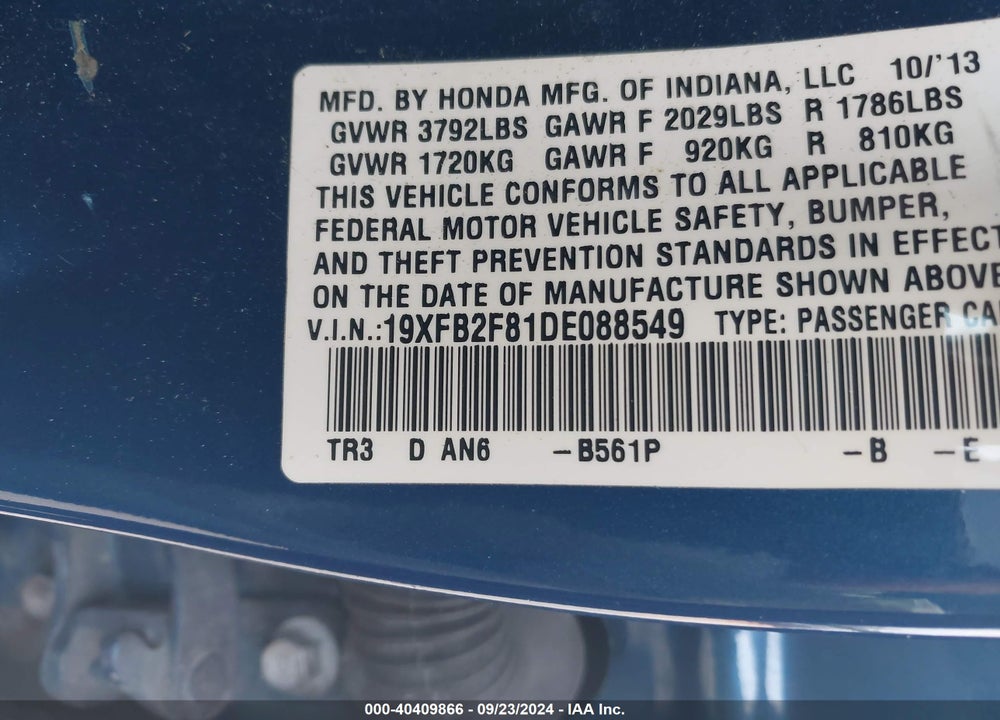 2013 HONDA CIVIC EX VIN: 19XFB2F81DE088549