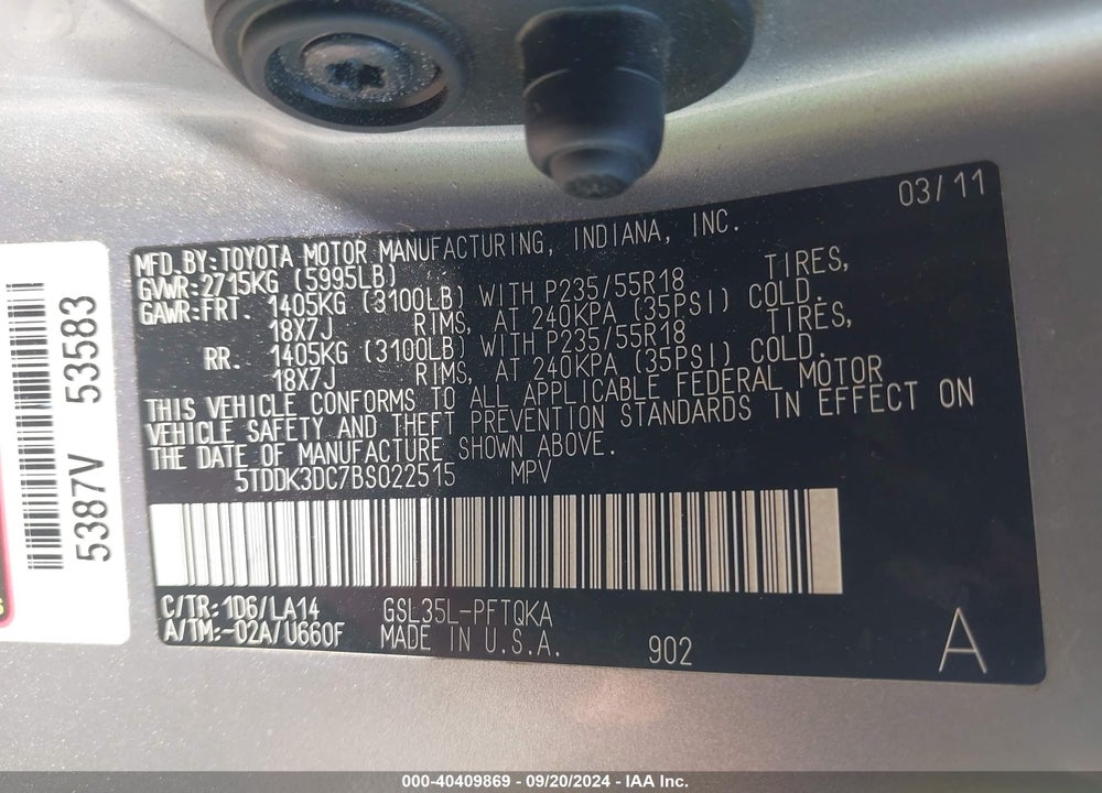 2011 TOYOTA SIENNA LIMITED VIN: 5TDDK3DC7BS022515