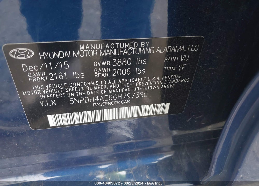 2016 HYUNDAI ELANTRA SE VIN: 5NPDH4AE6GH797380